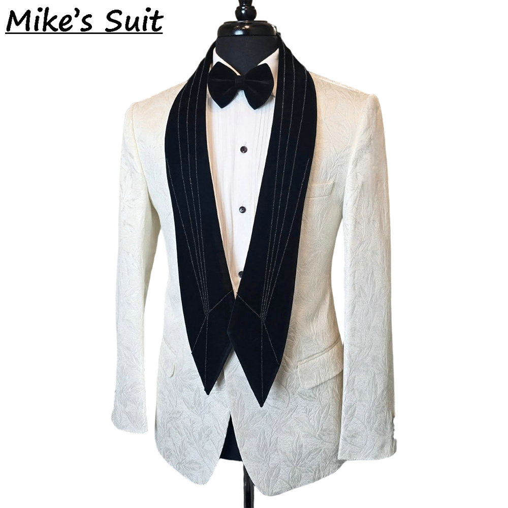 Men'S Formal Dinner Wear - 花柄ジャカード2ピースメンズスーツセット、ビーズ刺繍入り、スタイリッシュなビジネスオフィスフォーマルウェディンググルームウェア、男性用ディナースーツ