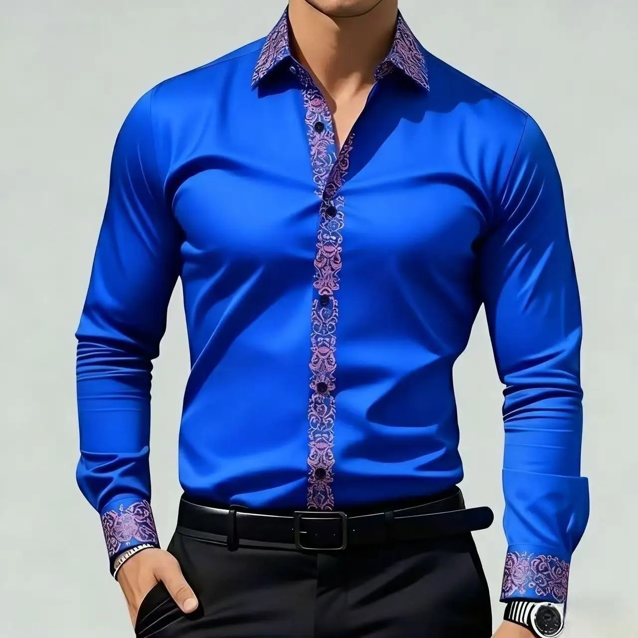 Men'S Formal Ethnic Wear - メンズエスニックスタイルプリントシャツ、長袖フォーマルシャツ、普段着、ボタンアップカラーデザイン、春、夏に最適