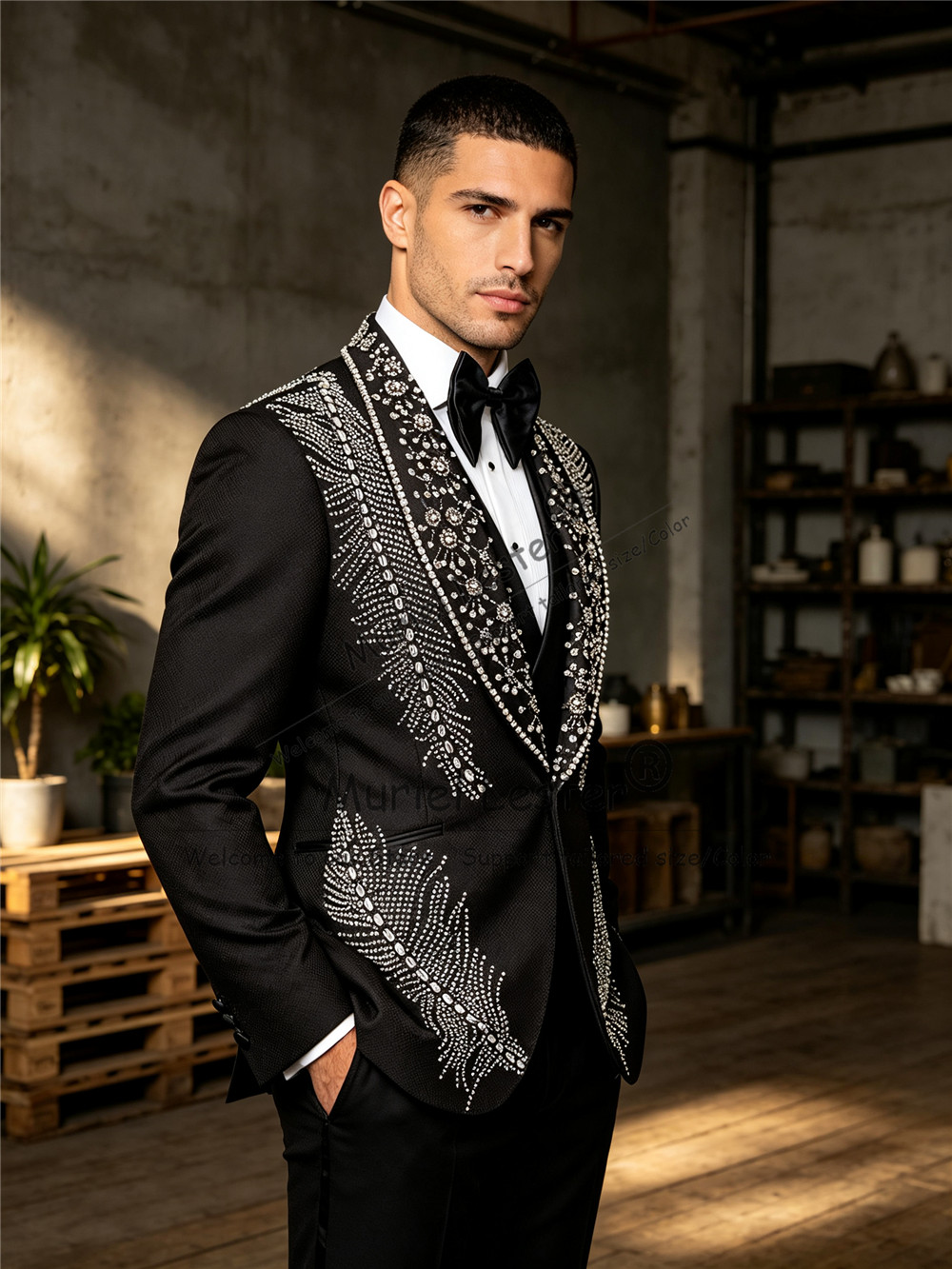 Men Formal Wear Pants - ビーズ装飾のメンズスーツセット。ビジネスフォーマルウェア、ショールカラー、プロム用ブレザー、ベスト、パンツの3点セット。新郎用、結婚式用タキシード。オーダーメイド対応。