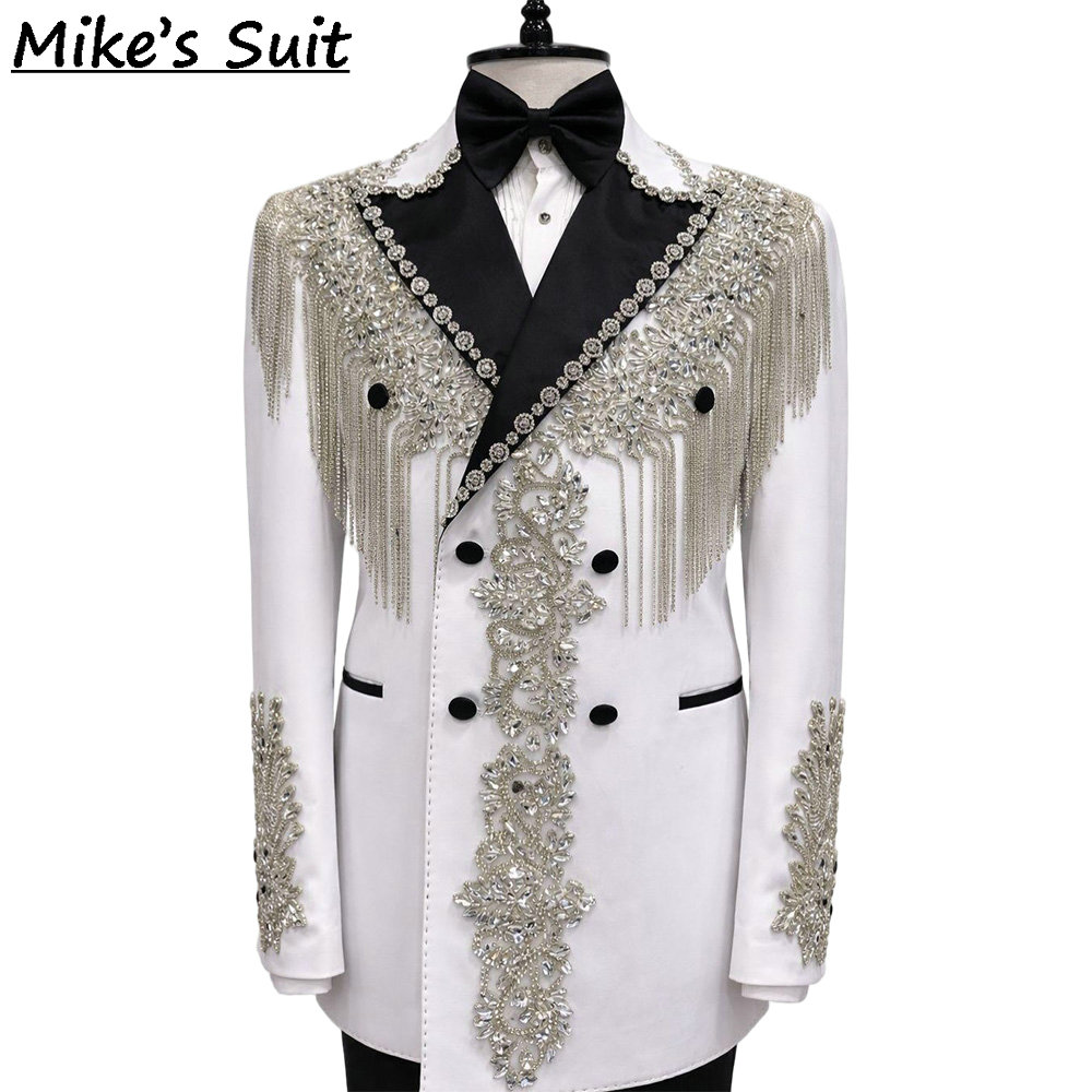 Men'S Formal Dinner Wear - 白い高級ダイヤモンドビーズタッセル付き2ピースメンズスーツセット、スタイリッシュなビジネスフォーマルウェディンググルームウェア、男性用ディナースーツ