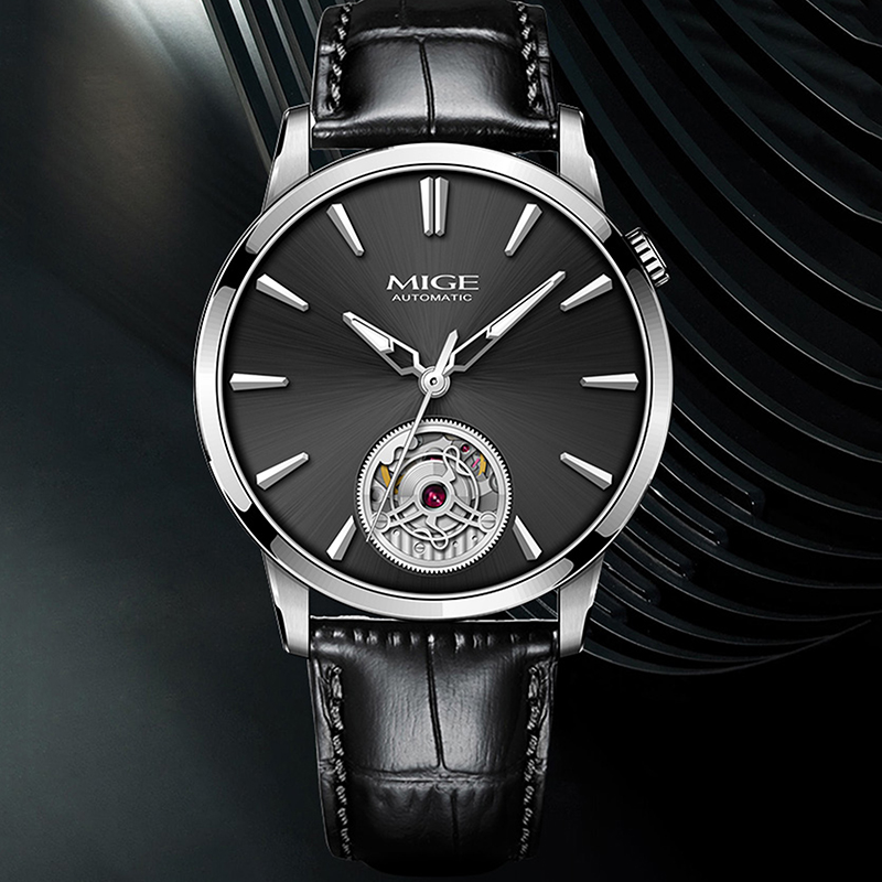 Men'S Formal Wear Watches - MIGE スリムメンズ中空自動巻き時計ブラック牛革バンドシンプルなダイヤルフォーマル日常着用高級機械式腕時計