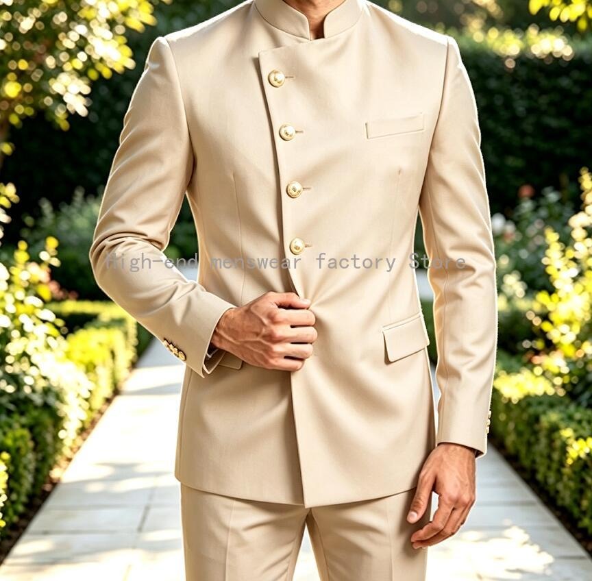 Latest Men Formal Wear - 最新デザインの2ピースセット、チャイナ風メンズスーツ、スリムフィット、マンダリンカラー、シングルブレスト、フォーマルスーツ、男性用ウェディングウェア