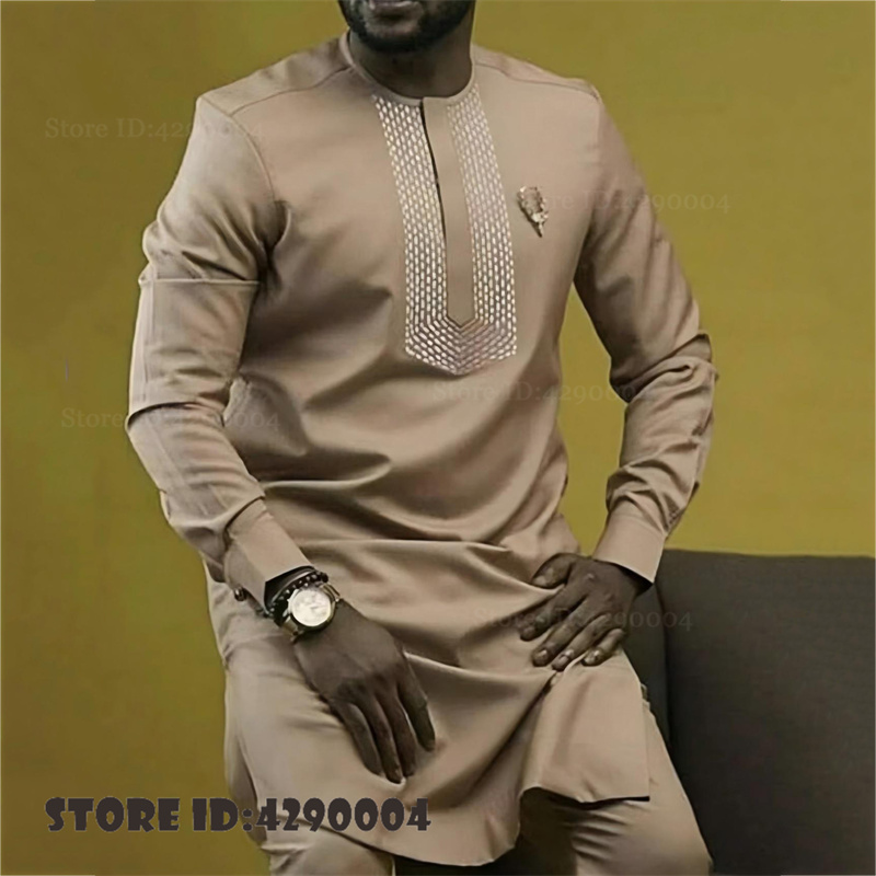 Men'S Formal Ethnic Wear - アフリカの伝統的な男性用スーツ、長袖シャツとパンツの2点セット、結婚式や民族衣装、カジュアルな男性服