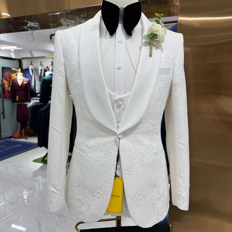 Men Formal Wear Pants - メンズウェディングスーツ ホワイト3ピースセット ジャカードジャケット ベスト ブラックパンツ カスタムスリムフィット