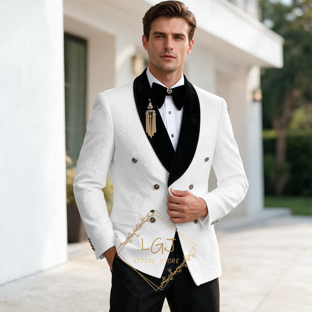 Men'S Formal Dinner Wear - ラグジュアリーメンズ2ピースエンボスジャカードディナージャケットセット、コントラストベルベットラペル、新郎用ウェディングスーツ、フォーマルウェア
