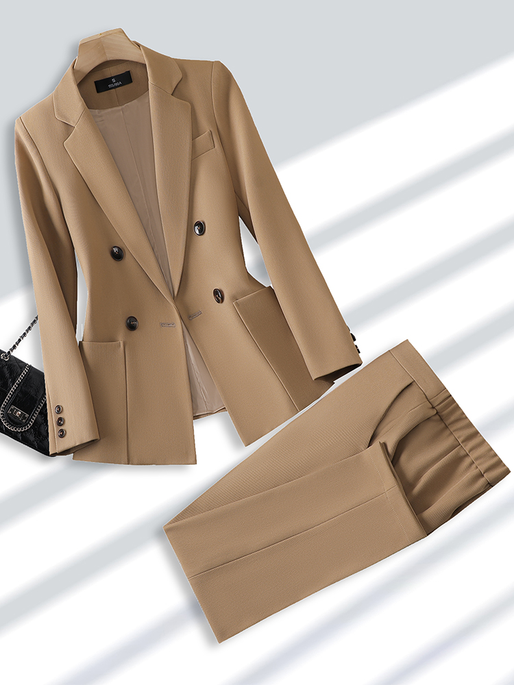 Men Formal Wear Pants - 女性のためのブレザーとズボンのスーツ、オフィス、ビジネス、仕事のためのフォーマルなパンツスーツ、女性のファッション、ベージュ、黒、カーキ、ポケット付き2ピースセット
