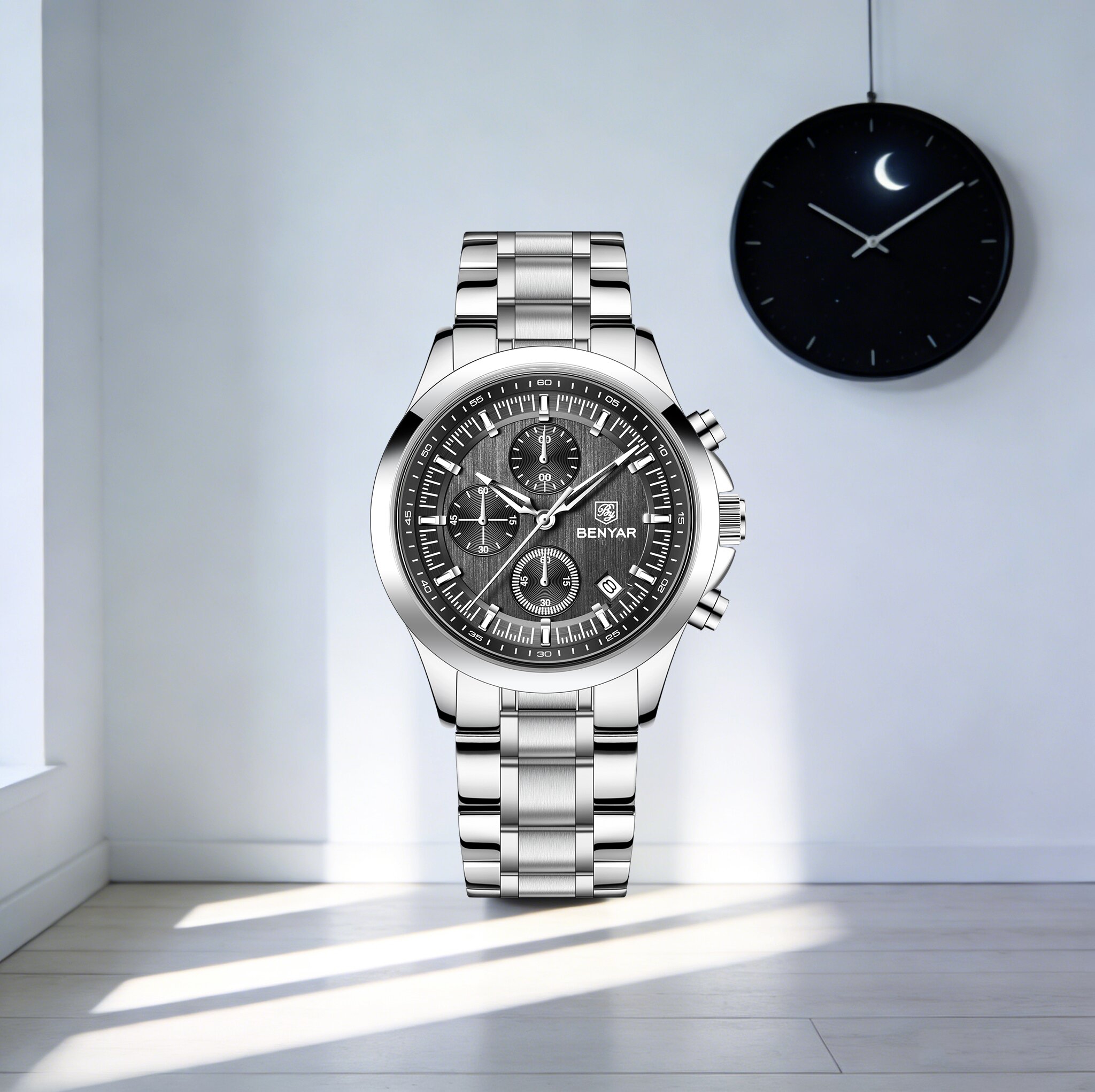 Men'S Formal Wear Watches - BENYAR 高級控えめなメンズクォーツ時計フォーマルウェアにマッチするステンレススチール時計ハードレックス夜光カレンダー 5Bar ダイビングウォッチ