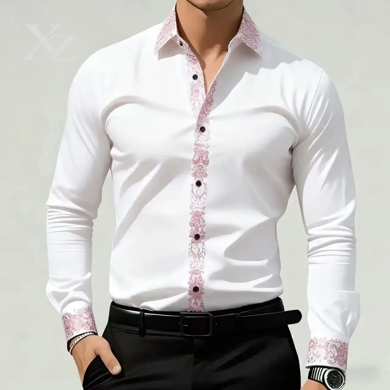 Men'S Formal Ethnic Wear - 男性用、エスニック調のプリントが施された長袖のフォーマルシャツ。ボタン付きの襟のデザインで、普段使いにも適しており、春や夏に最適。