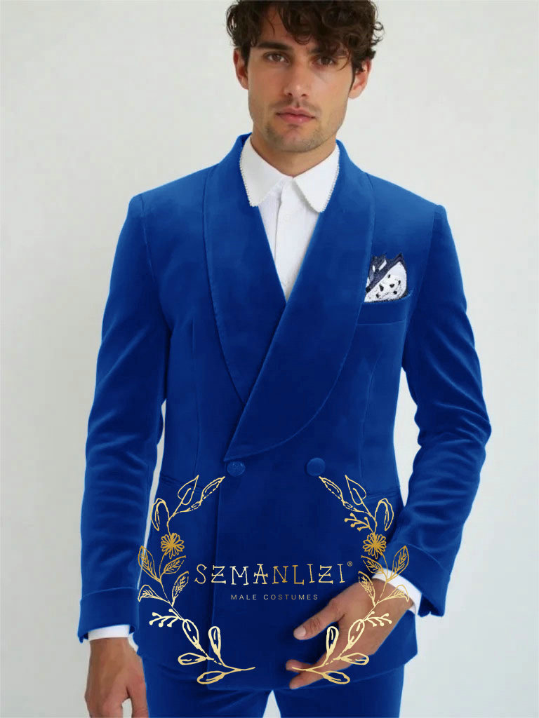 Latest Men Formal Wear - 最新のコートパンツデザイン メンズ スモーキングブレザー ブルーベルベット ダブルブレストスーツジャケット イブニングパーティーウェア