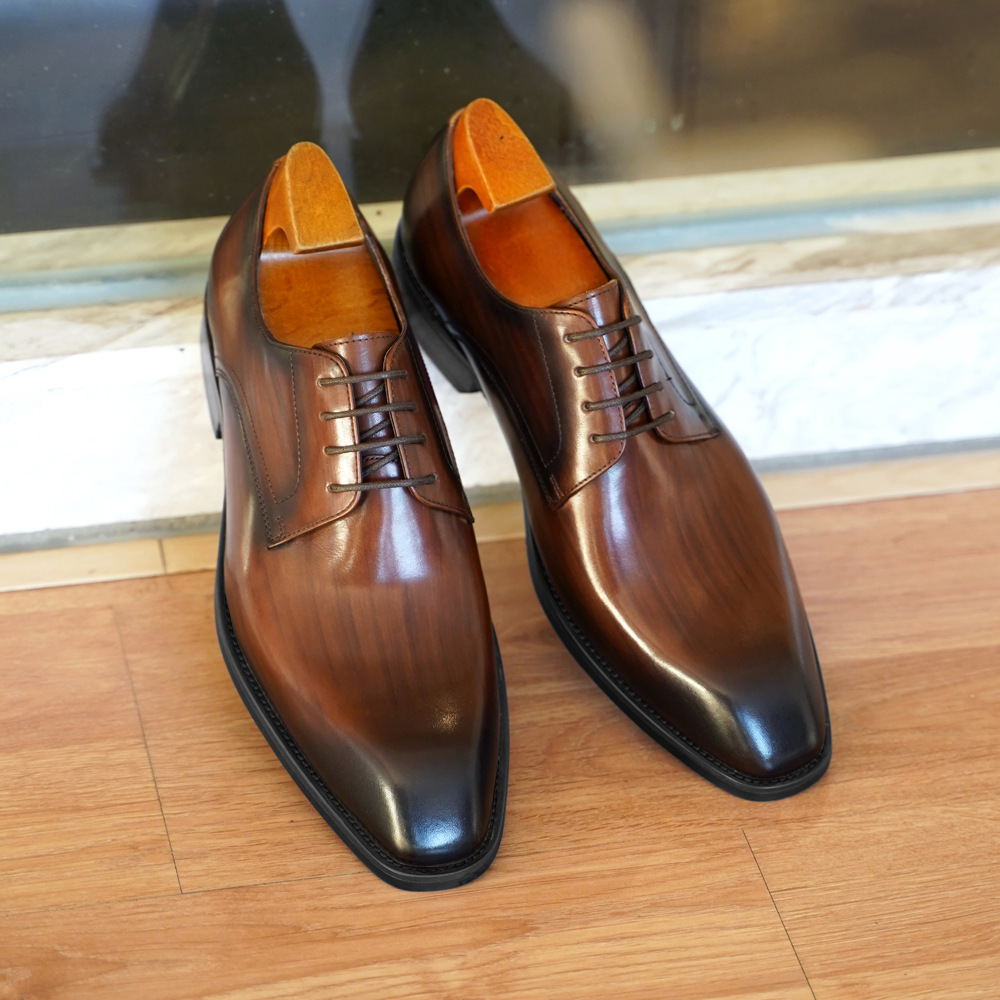 Men'S Formal Office Wear Shoes - メンズビジネスカジュアルシューズ、ヴィンテージ風木目調スクエアトゥレザーダービーシューズ、快適なオフィスウェア、フォーマルなドレスシューズ、フットウェア