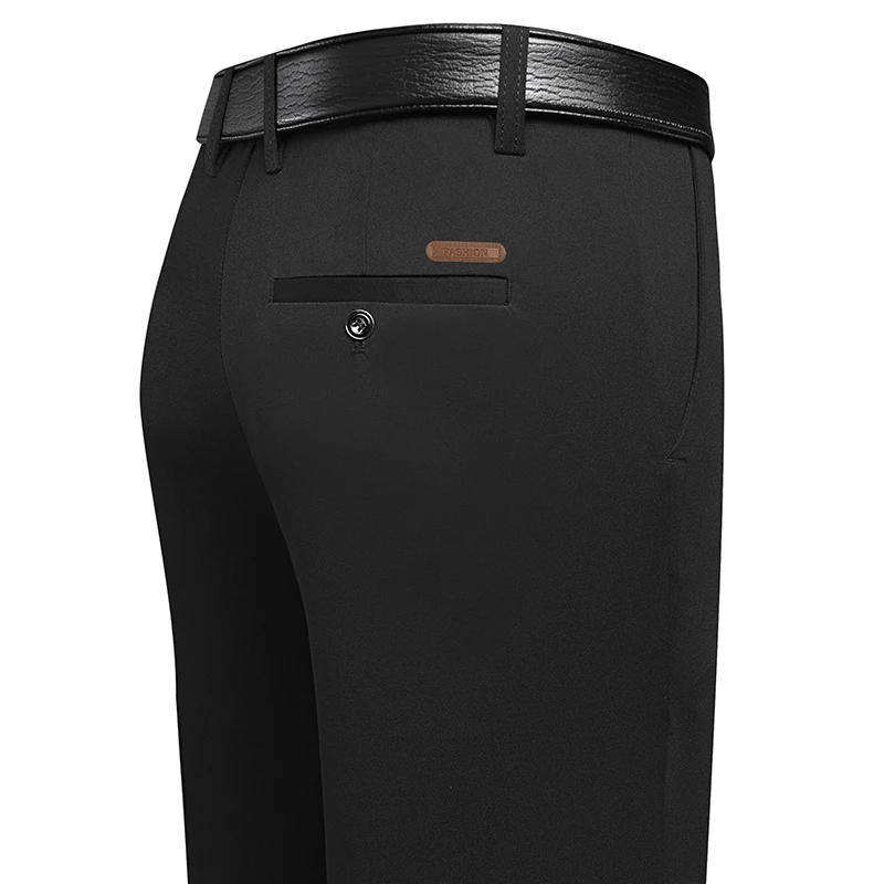 Men Formal Wear Pants - メンズロング丈ストレートレッグドレスパンツ、レザーラベルバックポケット、リラックスフィットトラウザーズ、ビジネスミーティング、デイリーフォーマルウェアに最適
