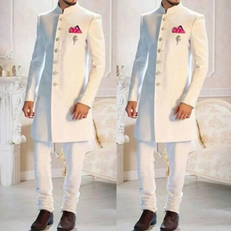 Men'S Formal Ethnic Wear - ファッションデザインホワイトスタンド襟シングルブレストエスニックインドタキシード新郎ロング男性の結婚式フォーマルスリムフィット着用2pc
