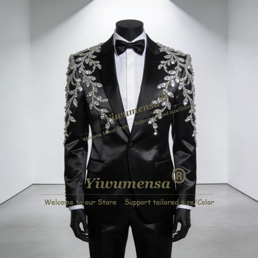 Men Formal Wear Pants - 上品なサテン素材のメンズタキシードスーツセット。フォーマルな場にふさわしい、シングルブレストのプロム用ブレザー。カスタムメイドのクリスタルとスパンコールがあしらわれたジャケットとパンツの2点セット。
