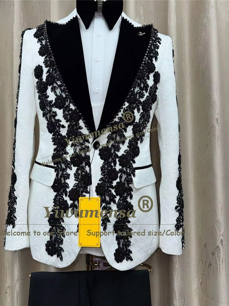 Latest Men Formal Wear - 最新デザインの男性用ウェディングスーツ ダイヤモンドビーズアップリケ ジャカードジャケット パンツ 2ピースセット 新郎用フォーマルウェア