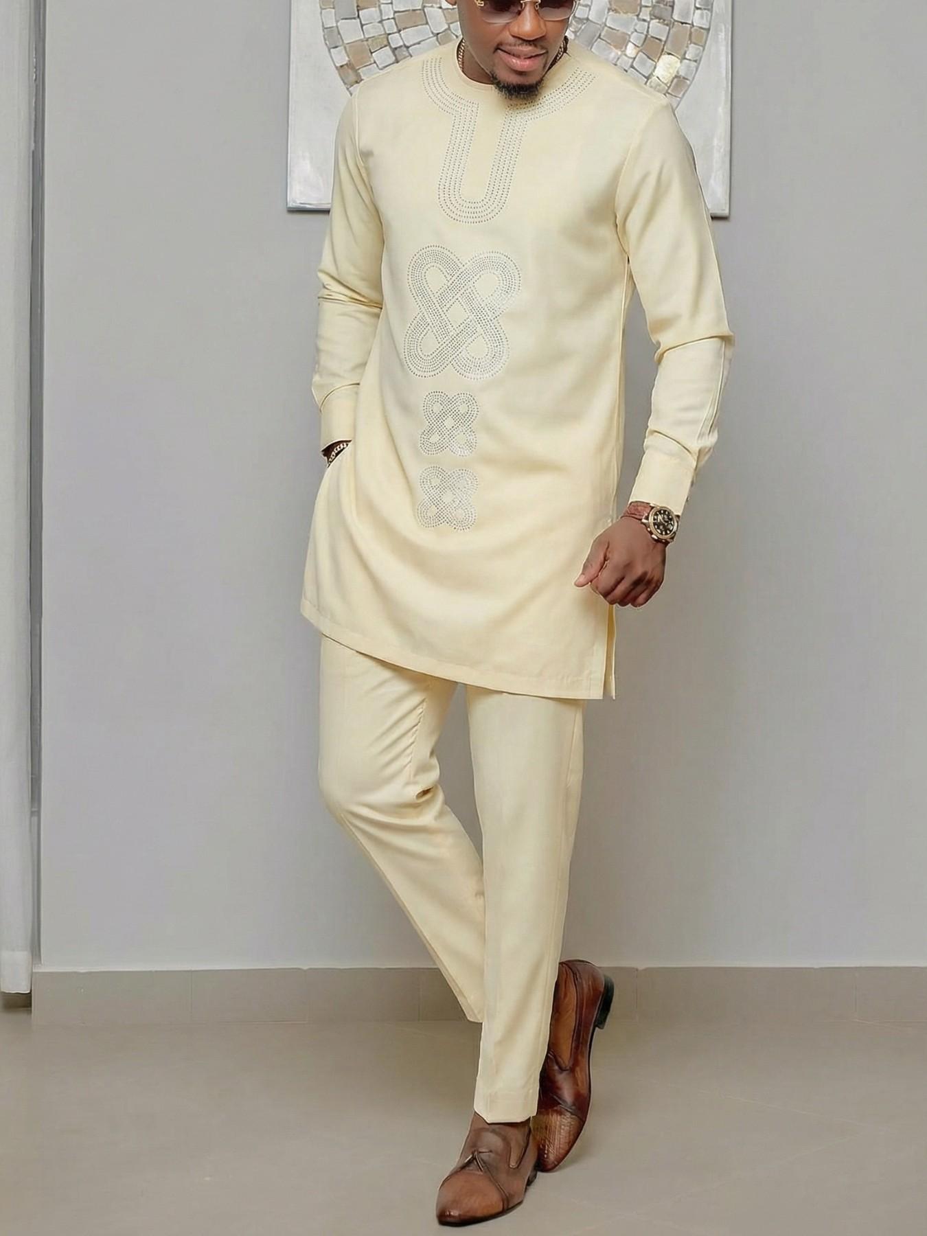 Men'S Formal Ethnic Wear - シャンパン色のアフリカの男性用伝統衣装、刺繍入りカフタンのトップスとパンツ、民族衣装、結婚式、パーティー、カジュアル、フォーマルウェア