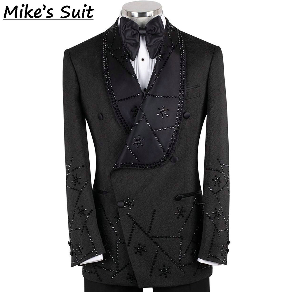 黒のジャカード織り宝石ビーズ刺繍入り2ピースメンズスーツセッ - Men'S Formal Dinner Wear のレビューと価格