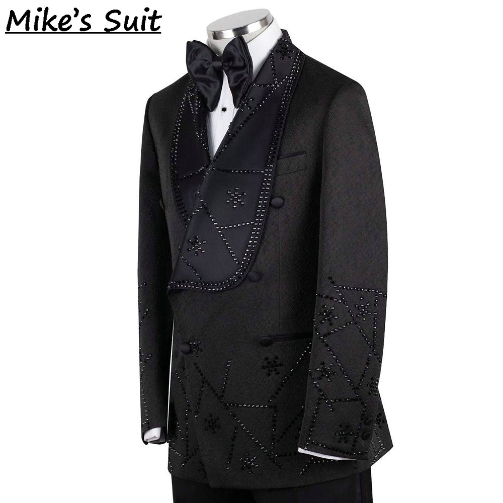 黒のジャカード織り宝石ビーズ刺繍入り2ピースメンズスーツセッ - Men'S Formal Dinner Wear のレビューと価格