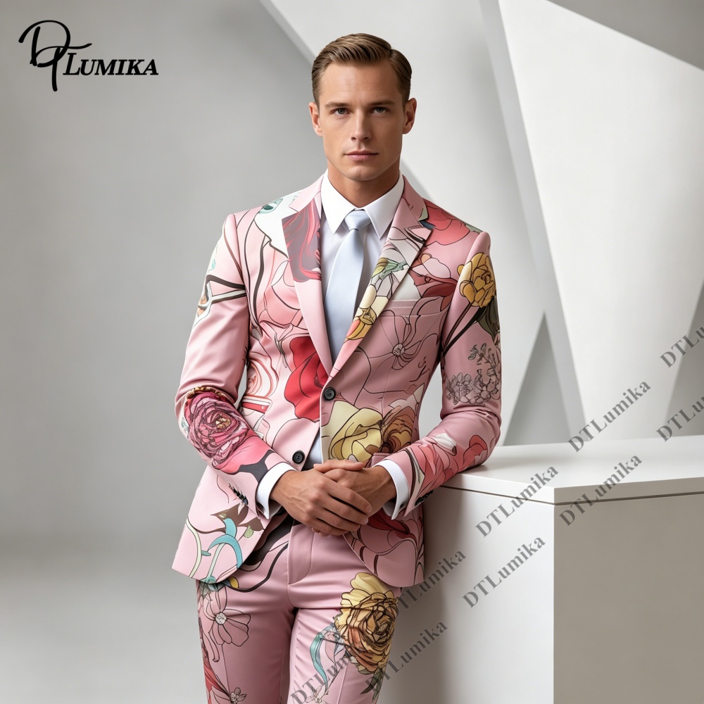 DTルミカ ピンクベース 花柄プリント メンズ ツーピースス - Men Formal Wear Photoshoot のレビューと価格
