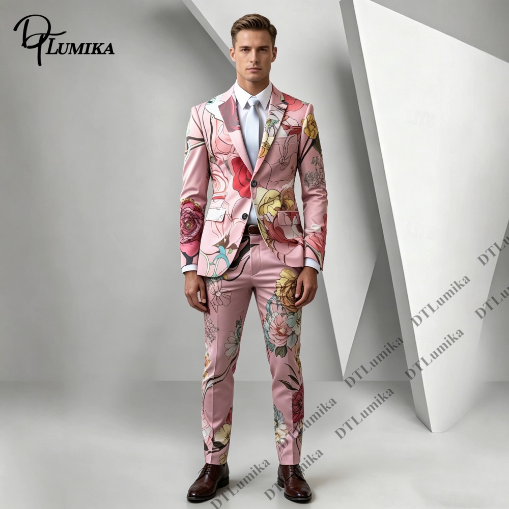 DTルミカ ピンクベース 花柄プリント メンズ ツーピースス - Men Formal Wear Photoshoot のレビューと価格