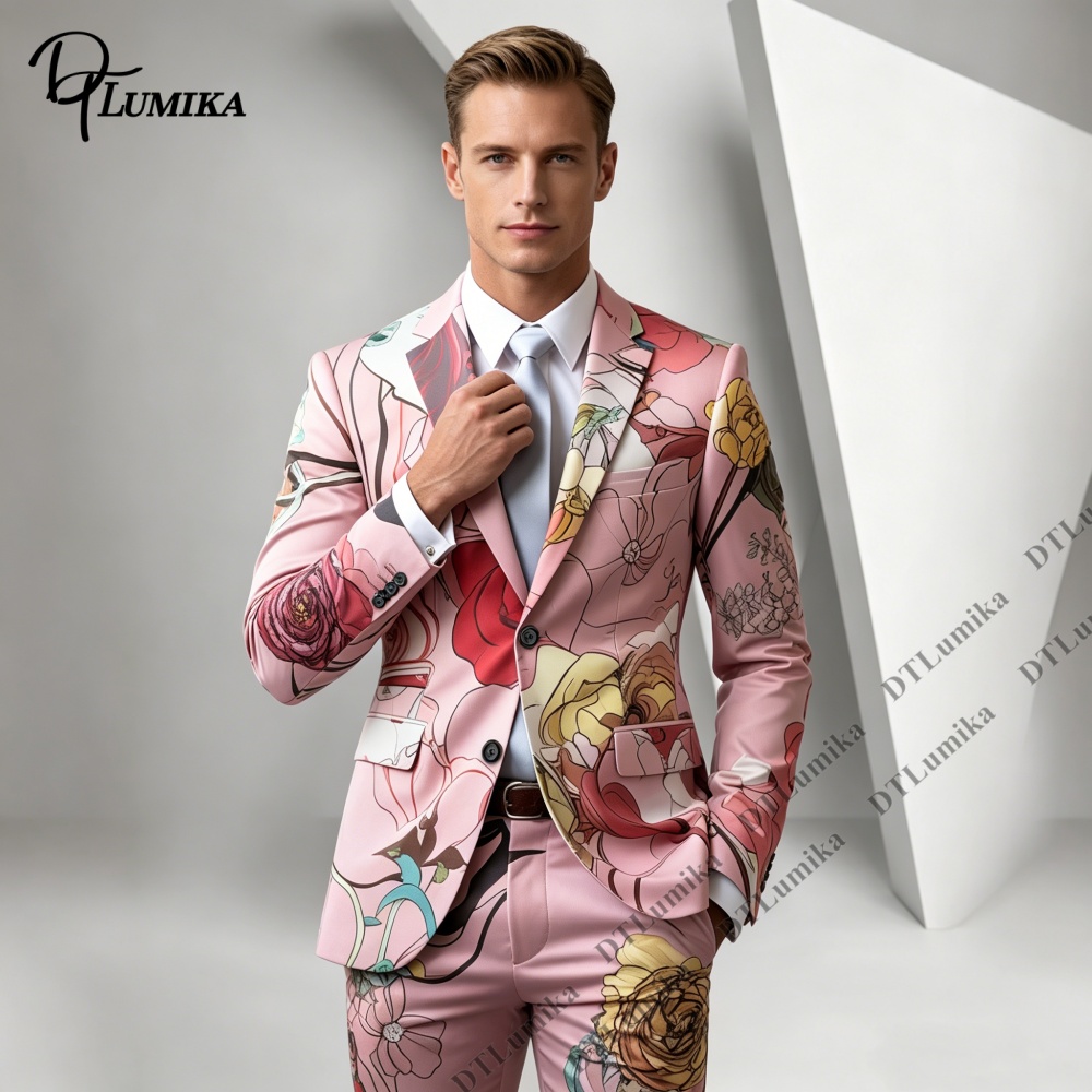 DTルミカ ピンクベース 花柄プリント メンズ ツーピースス - Men Formal Wear Photoshoot のレビューと価格
