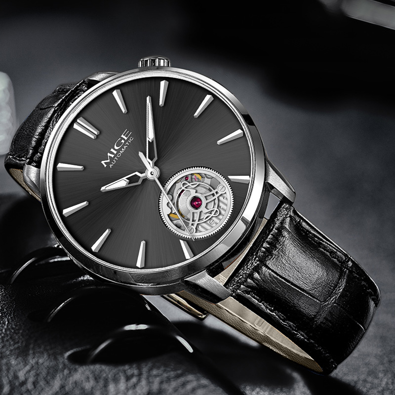 MIGE スリムメンズ中空自動巻き時計ブラック牛革バンドシン - Men'S Formal Wear Watches のレビューと価格