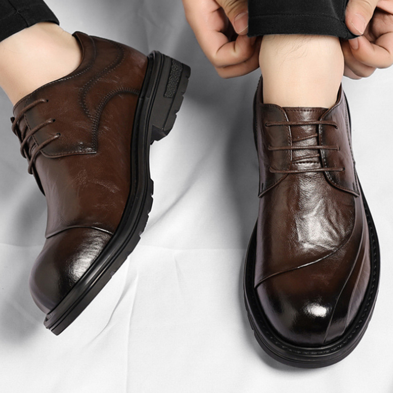 ブラウンの艶出し本革レースアップチャンキーソールフォーマルビ - Men'S Formal Office Wear Shoes のレビューと価格