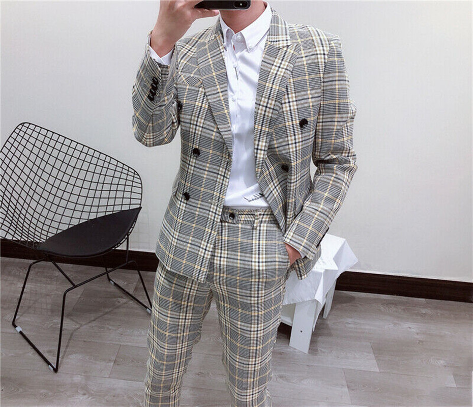 最新の新スタイル喫煙チェック柄メンズスーツダブルブレスト 2 - Latest Men Formal Wear のレビューと価格