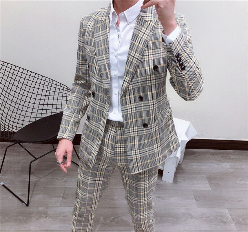最新の新スタイル喫煙チェック柄メンズスーツダブルブレスト 2 - Latest Men Formal Wear のレビューと価格