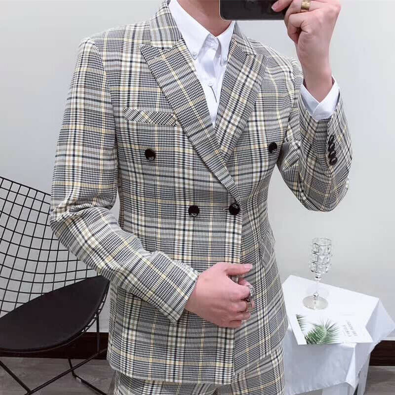 最新の新スタイル喫煙チェック柄メンズスーツダブルブレスト 2 - Latest Men Formal Wear のレビューと価格