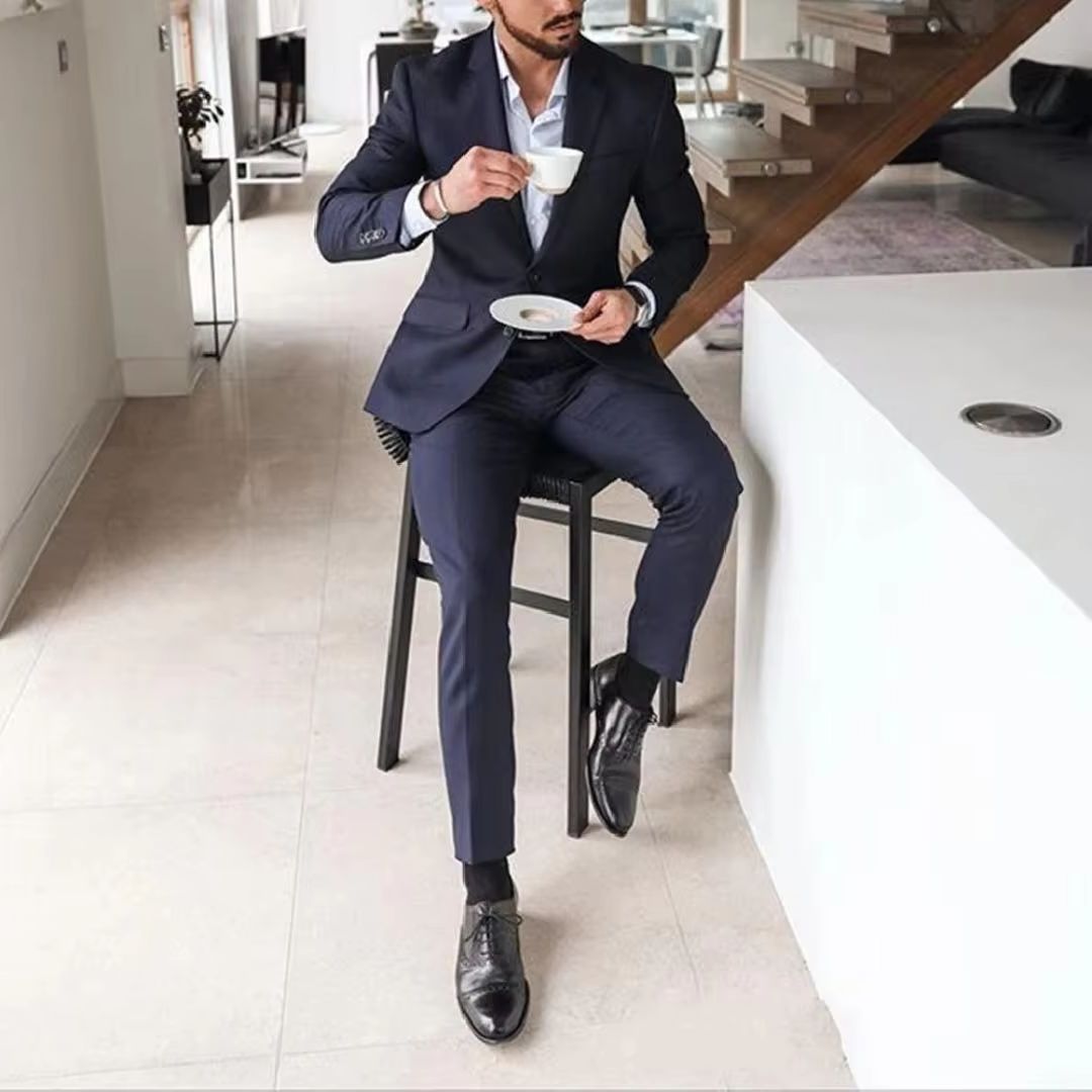 ネイビーブルーの2ピースメンズタキシードスーツ、花婿の付添人 - Men'S Formal Dinner Wear のレビューと価格