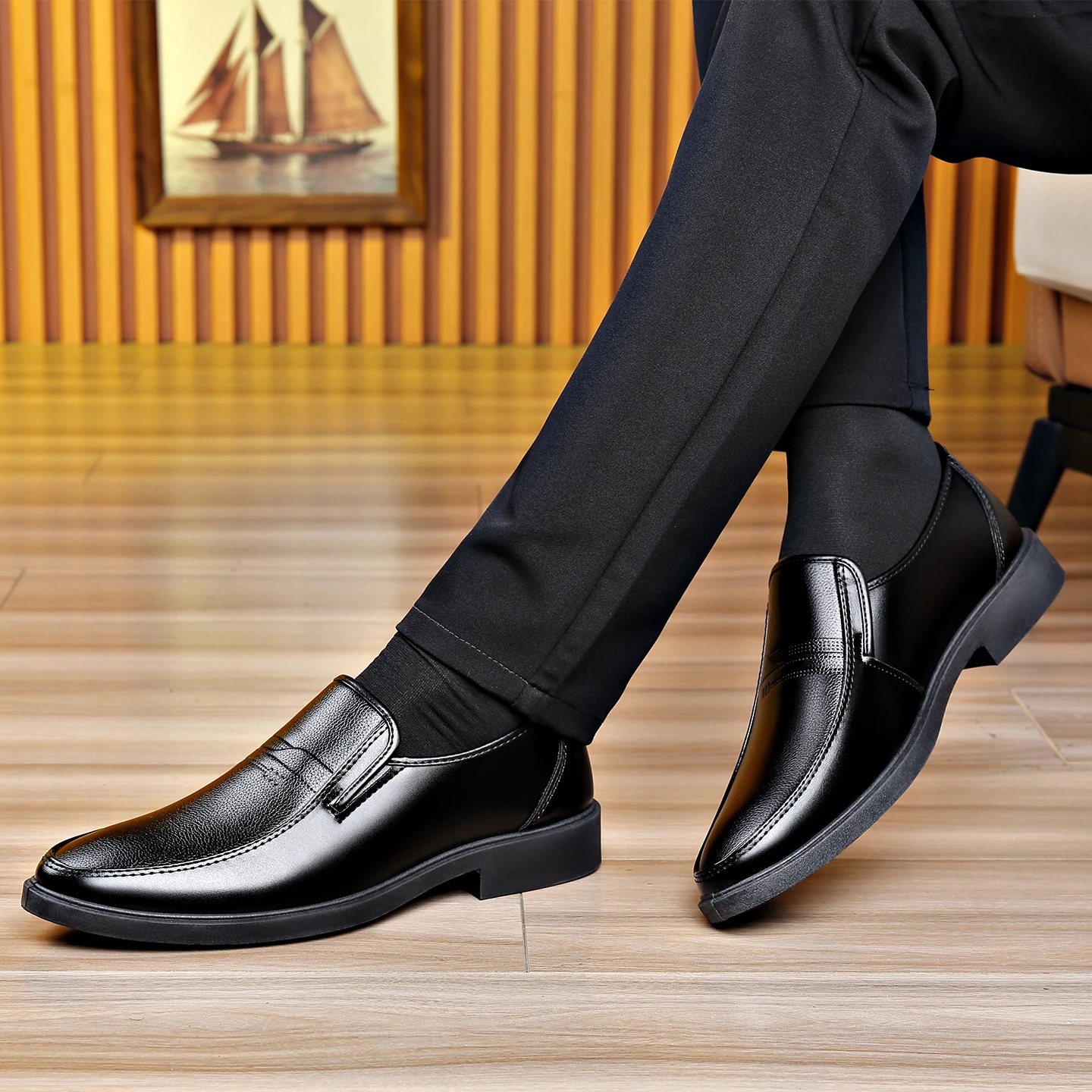 メンズ スリッポン ビジネス レザーシューズ ブラック ラウ - Men'S Formal Office Wear Shoes のレビューと価格