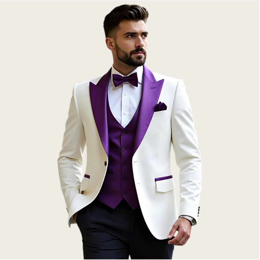 白いメンズスーツ3点セット、スリムフィット、ピークドラペル、 - Men Formal Wear Pants のレビューと価格
