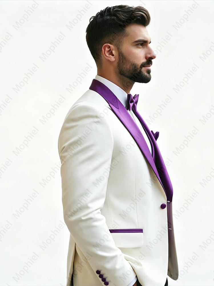 白いメンズスーツ3点セット、スリムフィット、ピークドラペル、 - Men Formal Wear Pants のレビューと価格
