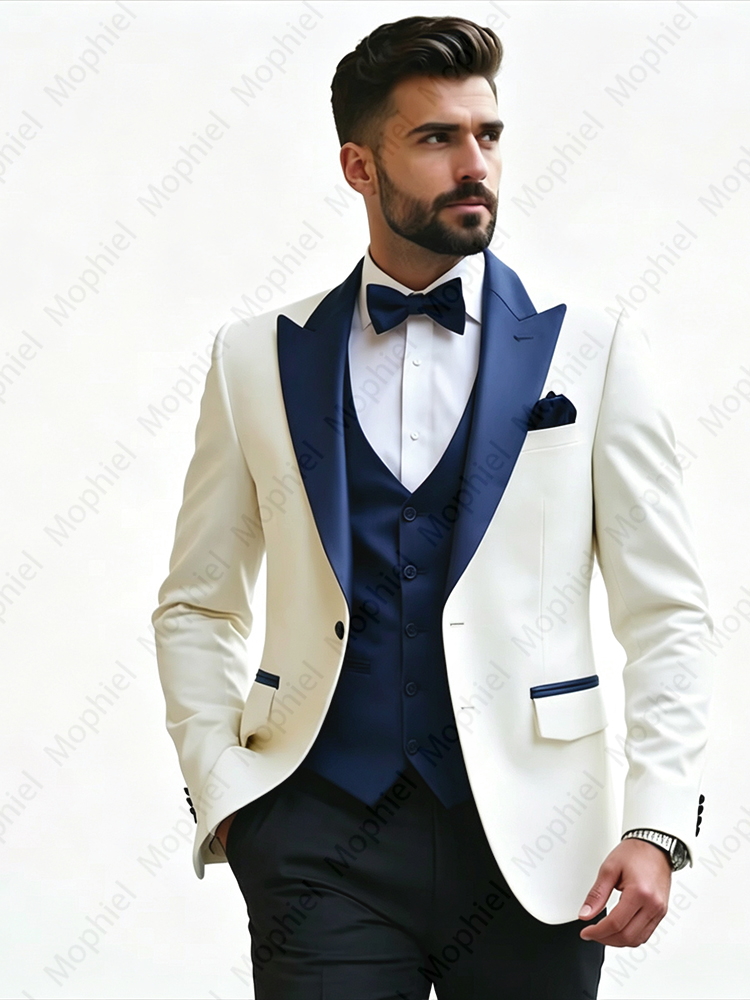 白いメンズスーツ3点セット、スリムフィット、ピークドラペル、 - Men Formal Wear Pants のレビューと価格
